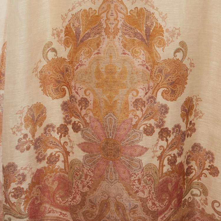 Pre Owned Zimmermann Beige Paisley Print Linen Blend Illustration Midi Skirt L