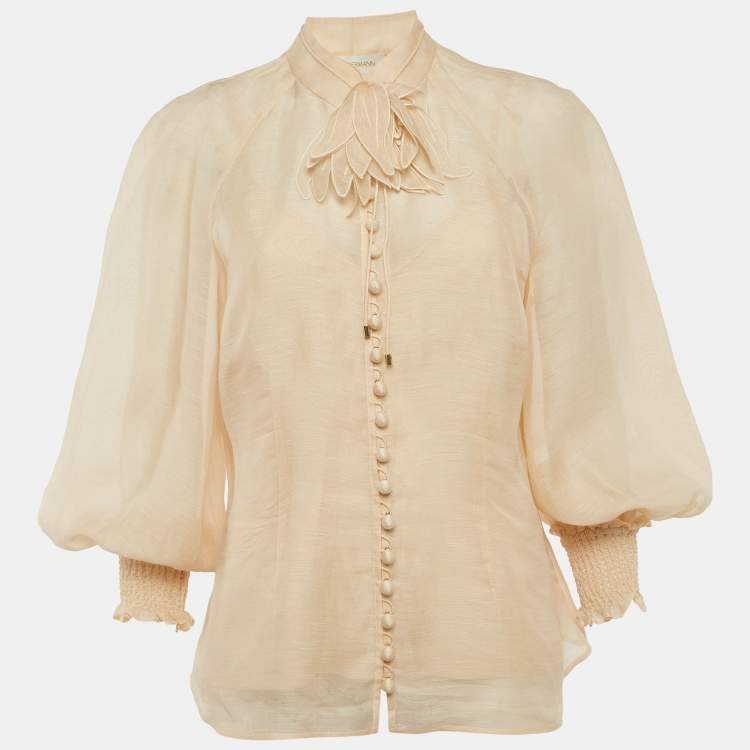 Pre Owned Zimmermann Beige Linen Blend Floral Applique Buttoned Blouse L