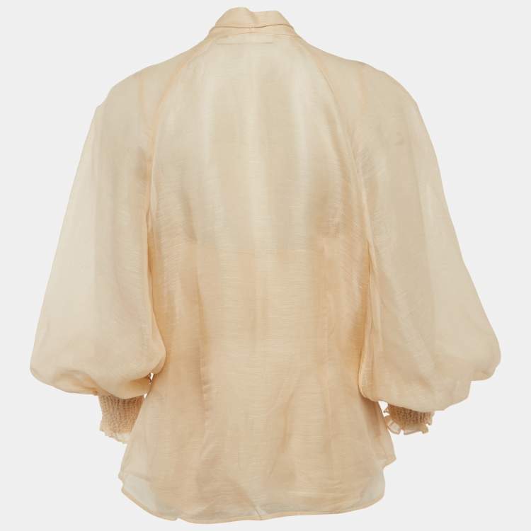 Pre Owned Zimmermann Beige Linen Blend Floral Applique Buttoned Blouse L