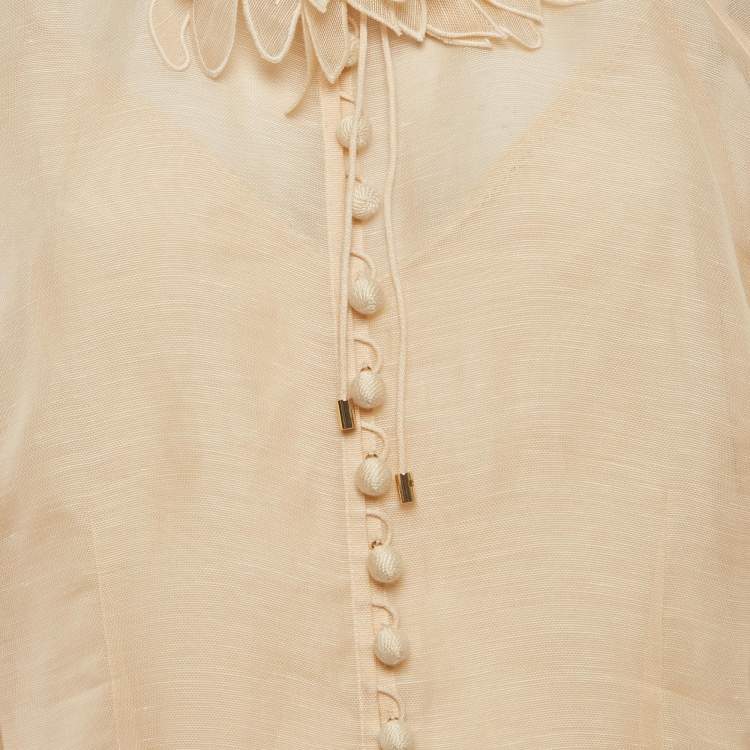 Pre Owned Zimmermann Beige Linen Blend Floral Applique Buttoned Blouse L