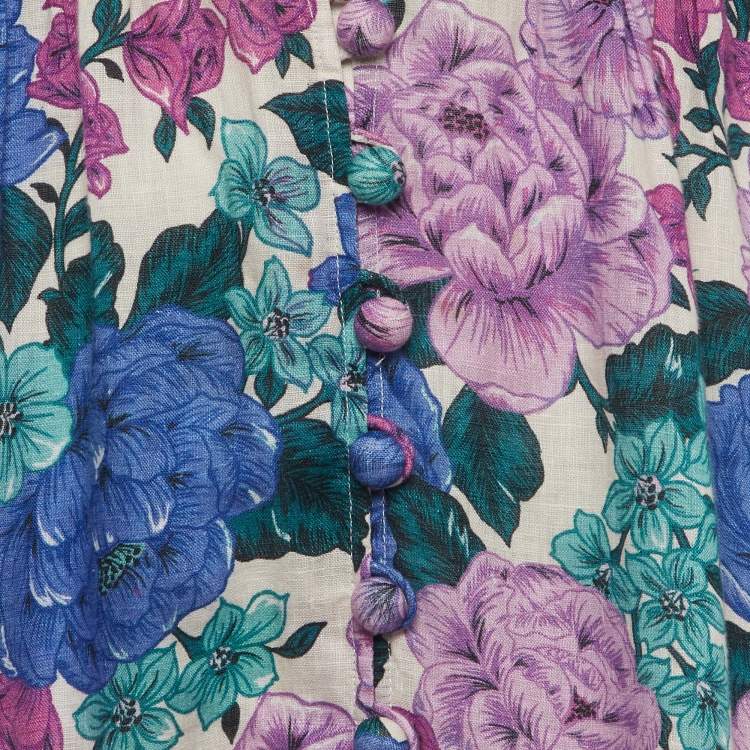 Pre Owned Zimmermann Multicolour Floral Print Linen Puff Sleeve Midi Dress M