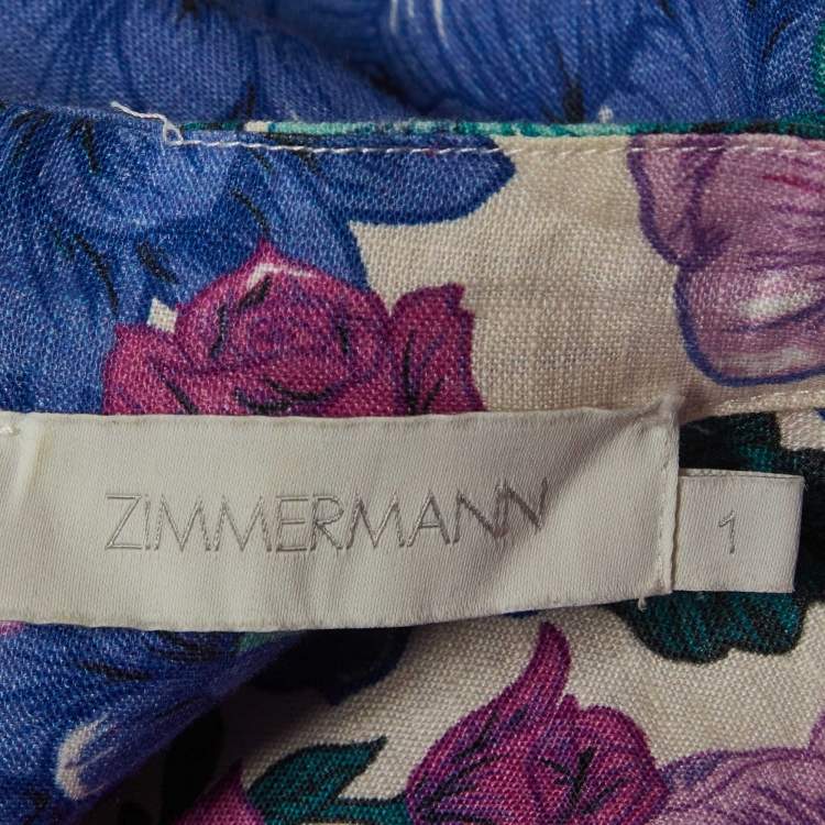 Pre Owned Zimmermann Multicolour Floral Print Linen Puff Sleeve Midi Dress M