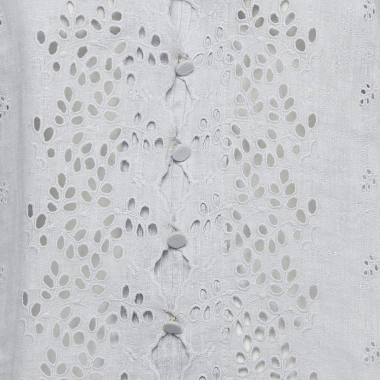 Pre Owned Zimmermann Light Blue Linen Iris Broderie Anglaise Long Sleeve Top S