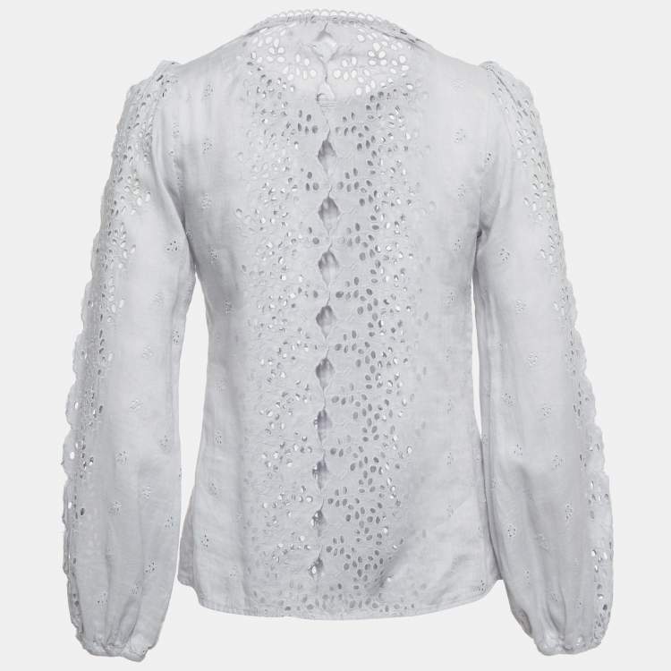 Pre Owned Zimmermann Light Blue Linen Iris Broderie Anglaise Long Sleeve Top S