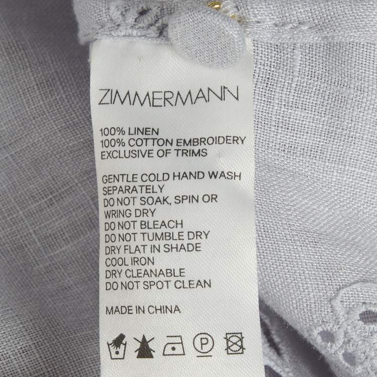 Pre Owned Zimmermann Light Blue Linen Iris Broderie Anglaise Long Sleeve Top S