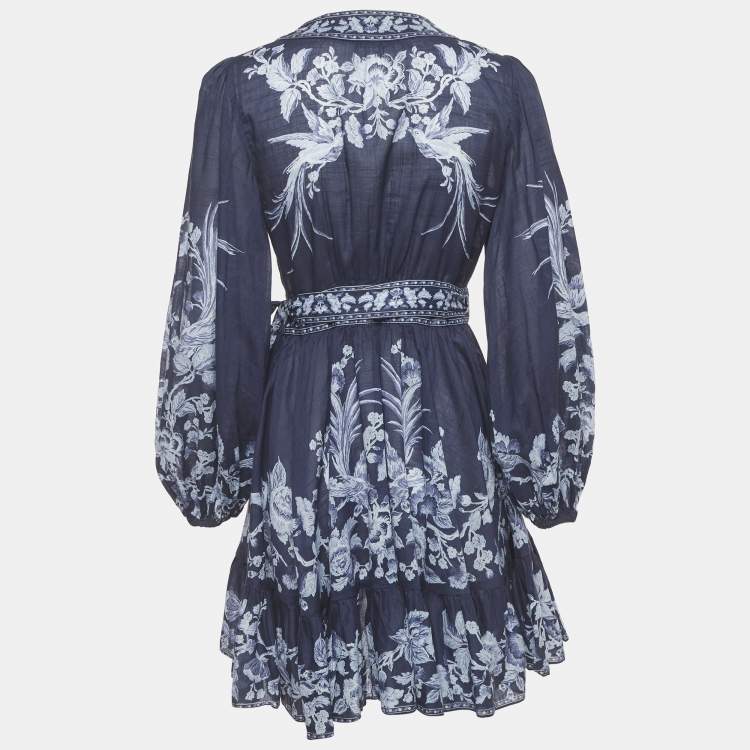 Pre Owned Zimmermann Navy Blue Floral Print Cotton Aliane Frill Wrap Mini Dress M