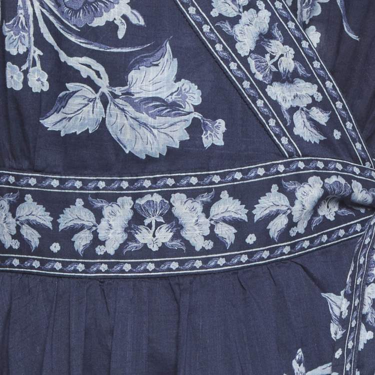 Pre Owned Zimmermann Navy Blue Floral Print Cotton Aliane Frill Wrap Mini Dress M