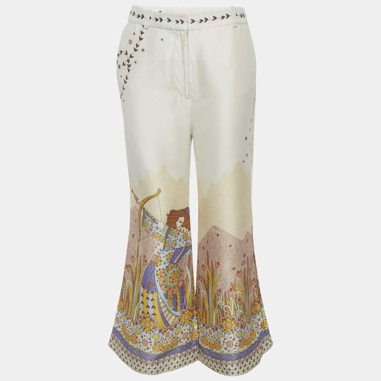 Pre Owned Zimmermann Cream Printed Silk Crepe De Chine Kick-Flare Pants M