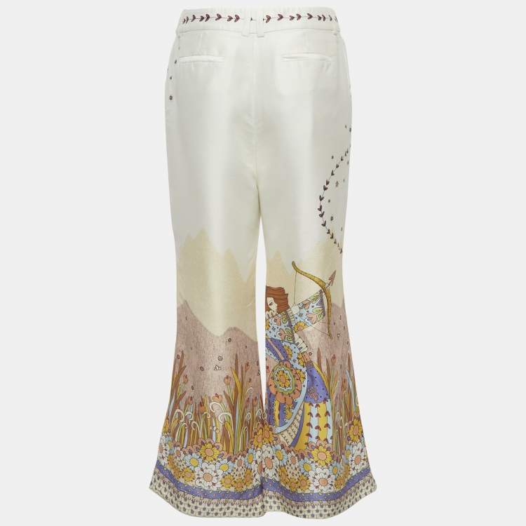 Pre Owned Zimmermann Cream Printed Silk Crepe De Chine Kick-Flare Pants M
