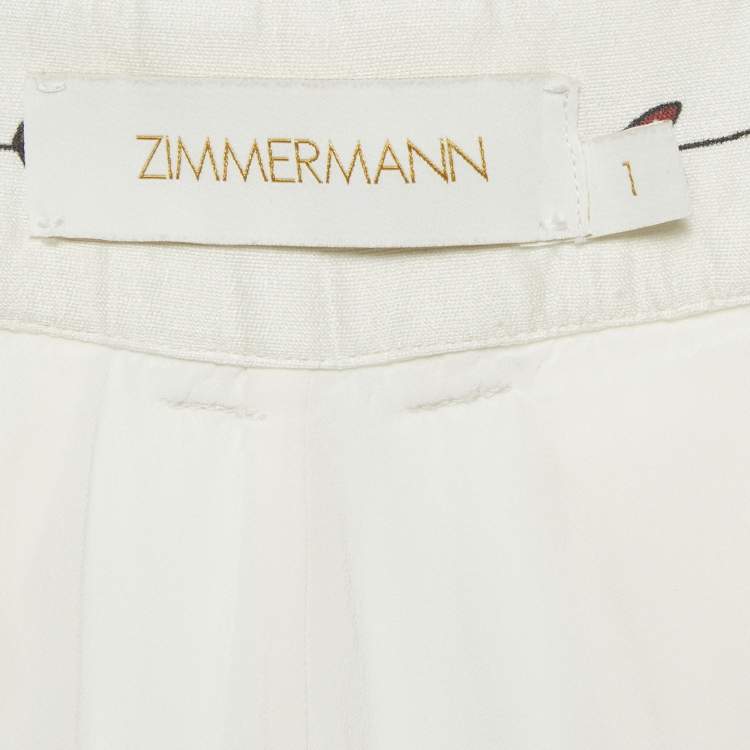 Pre Owned Zimmermann Cream Printed Silk Crepe De Chine Kick-Flare Pants M