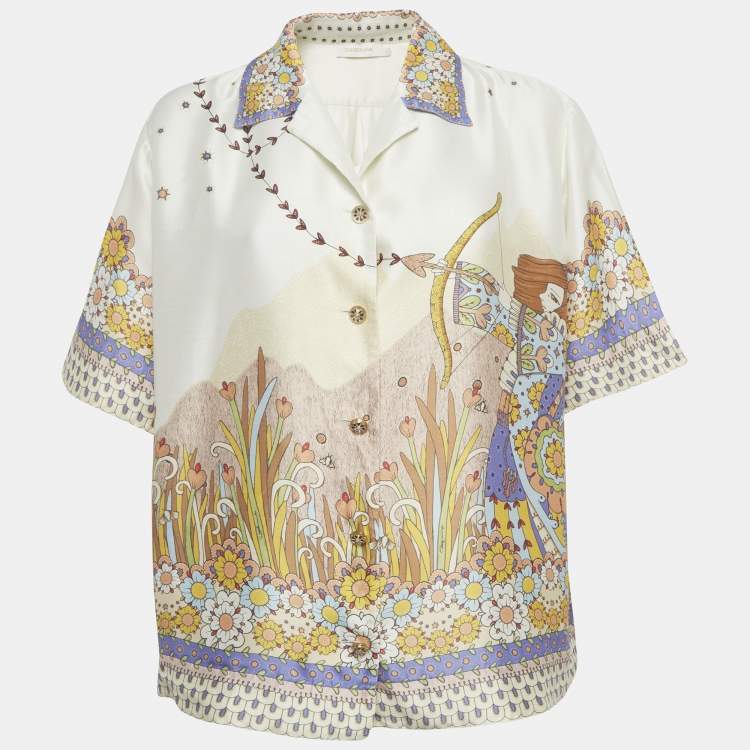 Pre Owned Zimmermann Cream Graphic-Print Silk Short-Sleeve Shirt M