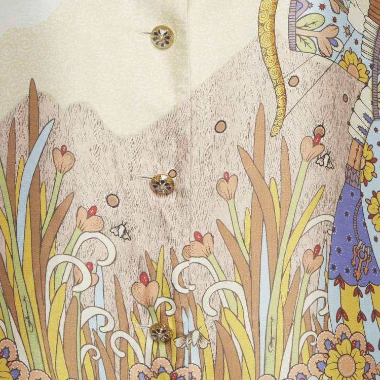 Pre Owned Zimmermann Cream Graphic-Print Silk Short-Sleeve Shirt M