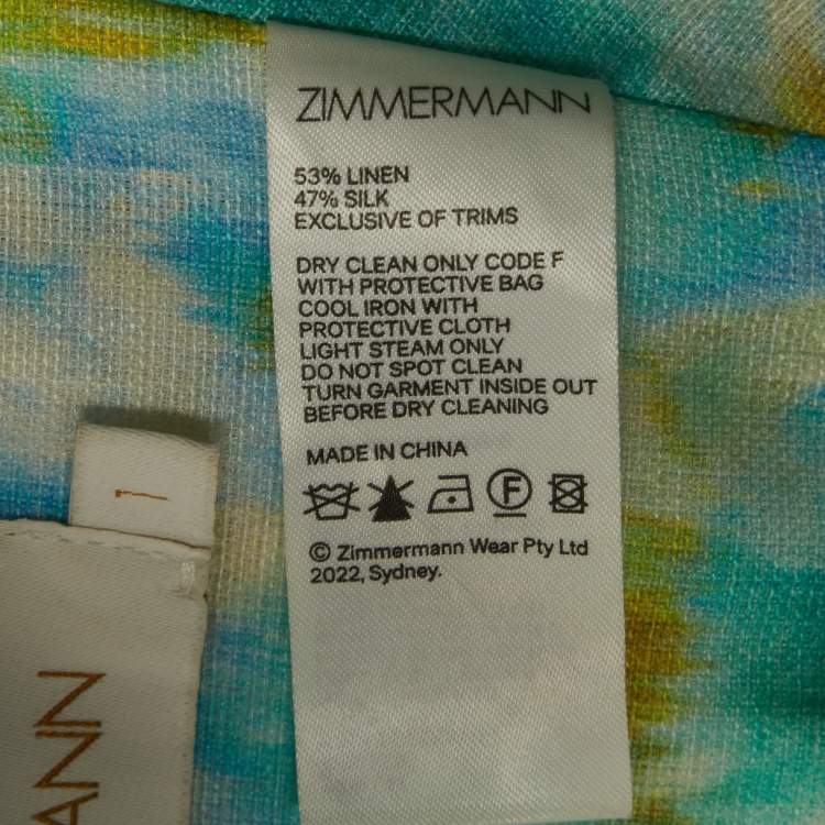 Pre Owned Zimmermann Blue/Green Abstract Print Linen Blend High-Tide Crop Top M