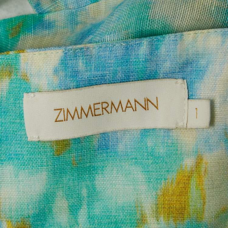 Pre Owned Zimmermann Blue/Green Abstract Print Linen Blend High-Tide Crop Top M