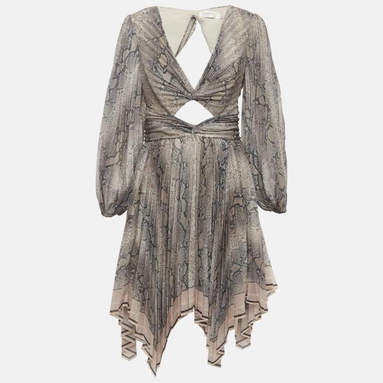 Pre Owned Zimmermann Brown Python Print Silk Blend Corsage Pleat Cut-Out Dress L
