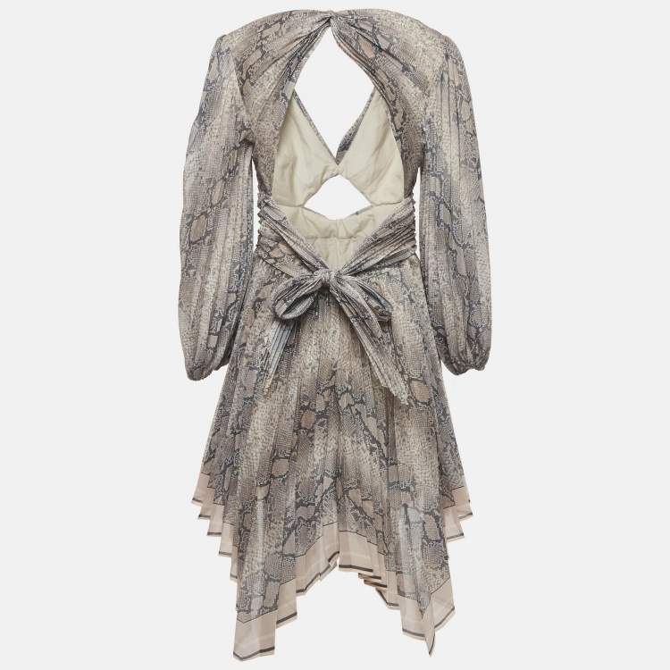 Pre Owned Zimmermann Brown Python Print Silk Blend Corsage Pleat Cut-Out Dress L