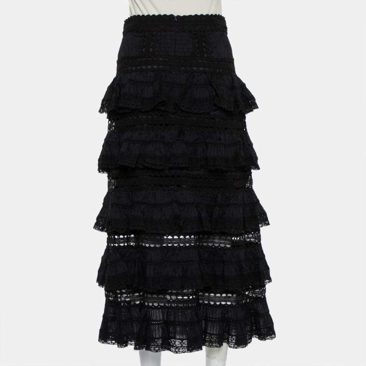 مملوكة مسبقًا Zimmermann Black Paneled Cotton Lace Trim Ruffled Tiered Midi Skirt S