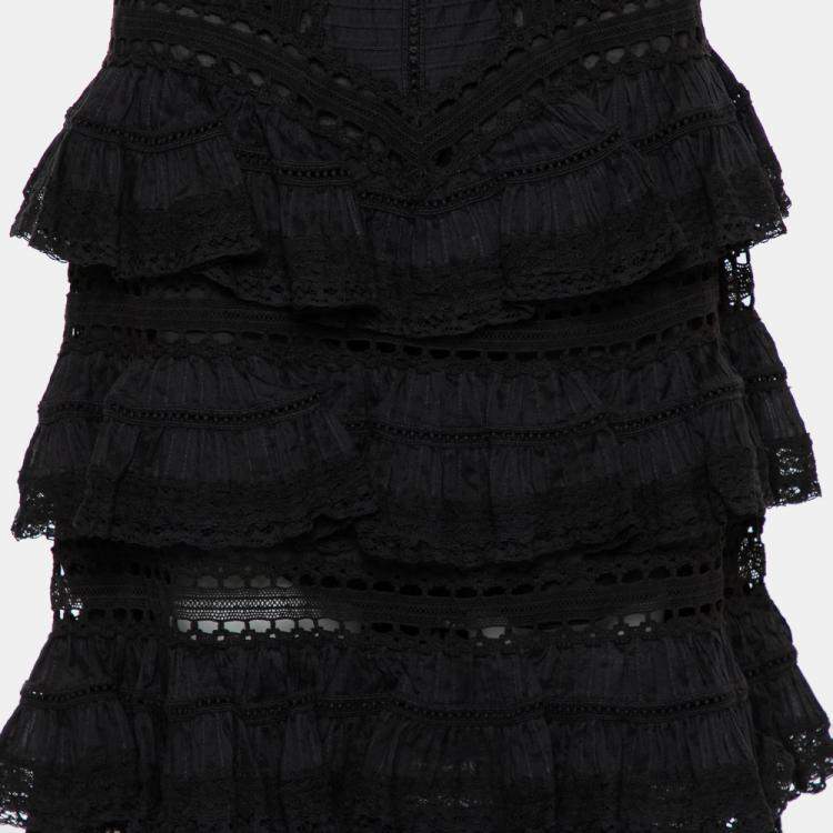 مملوكة مسبقًا Zimmermann Black Paneled Cotton Lace Trim Ruffled Tiered Midi Skirt S