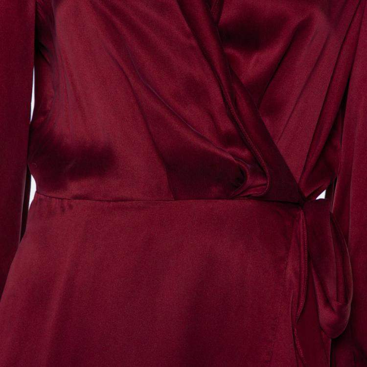 Pre Owned Zimmermann Burgundy Coated Silk Flounce Midi Wrap Dress S