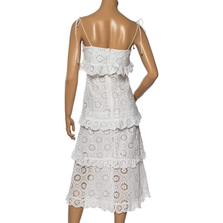 Pre Owned Zimmermann White Eyelet Cotton Scalloped Trim Tiered Primrose Midi Dress XS