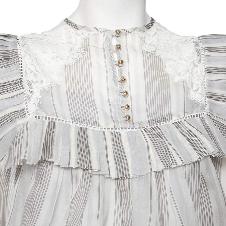 Pre Owned Zimmermann Grey/Blue Striped Cotton Havoc Lace Trimmed Shirt And Shorts Set S