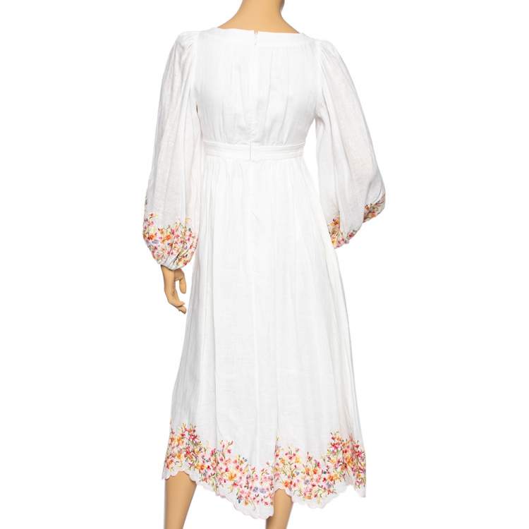 مملوكة مسبقًا Zimmermann White Linen Floral Embroidered Scallop Hem Midi Dress S