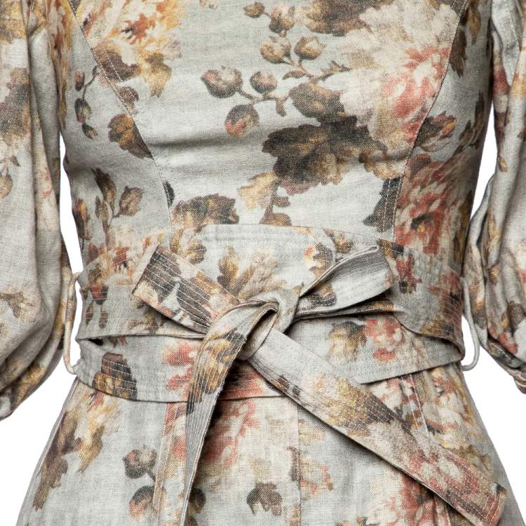 مملوكة مسبقًا Zimmermann Light Green Floral Printed Linen Belted Mini Dress S