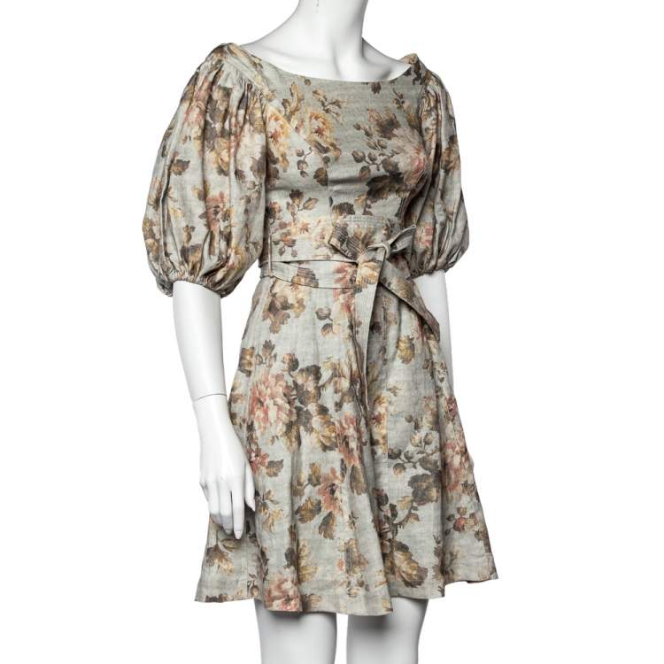 مملوكة مسبقًا Zimmermann Light Green Floral Printed Linen Belted Mini Dress S