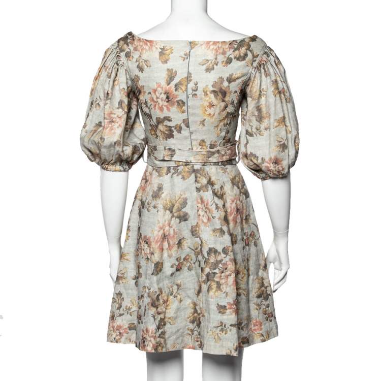 مملوكة مسبقًا Zimmermann Light Green Floral Printed Linen Belted Mini Dress S
