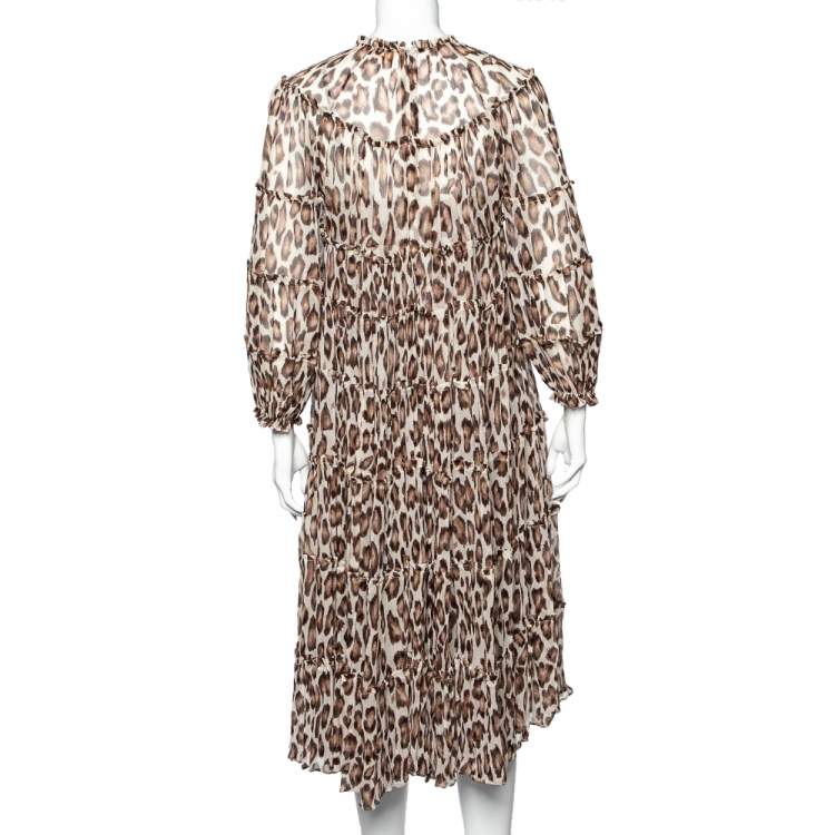 Pre Owned Zimmermann Brown Animal Printed Silk Chiffon Tiered Midi Dress M