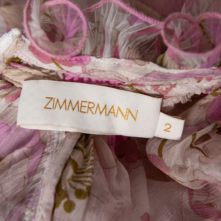 مملوكة مسبقًا Zimmermann Pink Floral Printed Silk Ruffled Blouse S