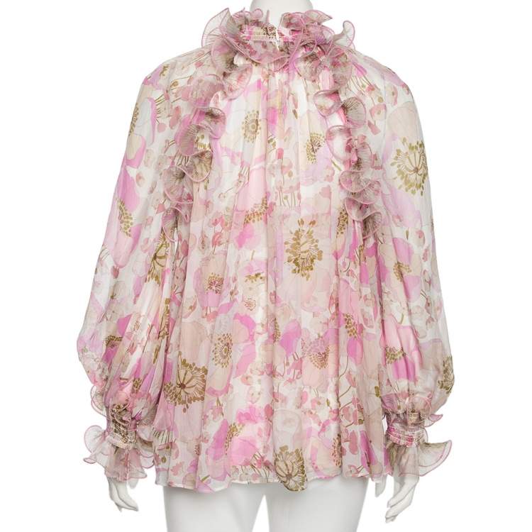 مملوكة مسبقًا Zimmermann Pink Floral Printed Silk Ruffled Blouse S