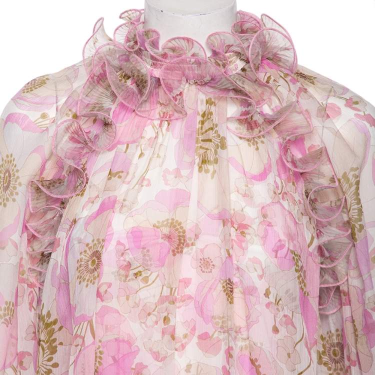 مملوكة مسبقًا Zimmermann Pink Floral Printed Silk Ruffled Blouse S