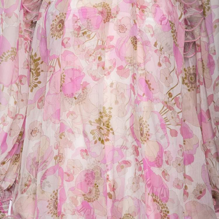 مملوكة مسبقًا Zimmermann Pink Floral Printed Silk Ruffled Blouse S