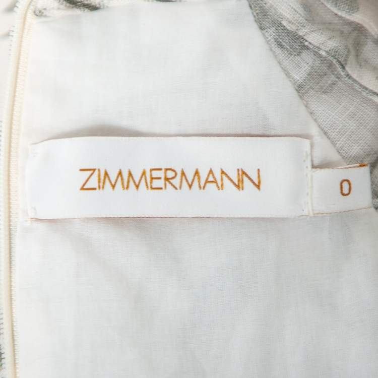 Pre Owned Zimmermann Off-White & Green Bird Print Linen Puffed Sleeve Dress XS