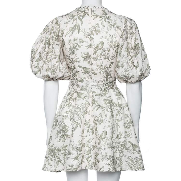Pre Owned Zimmermann Off-White & Green Bird Print Linen Puffed Sleeve Dress XS