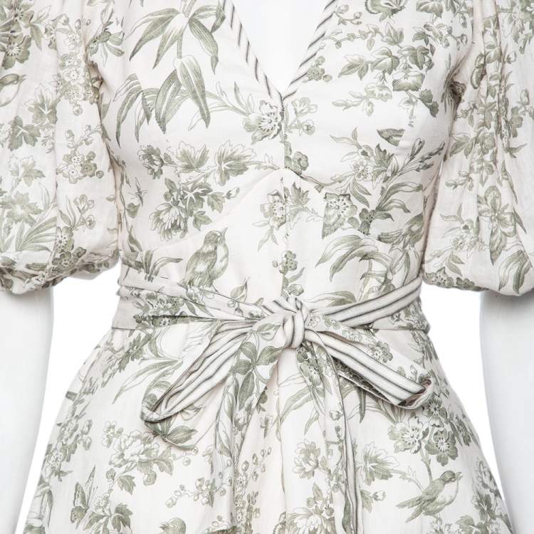 Pre Owned Zimmermann Off-White & Green Bird Print Linen Puffed Sleeve Dress XS