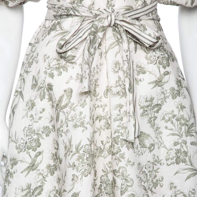 Pre Owned Zimmermann Off-White & Green Bird Print Linen Puffed Sleeve Dress XS