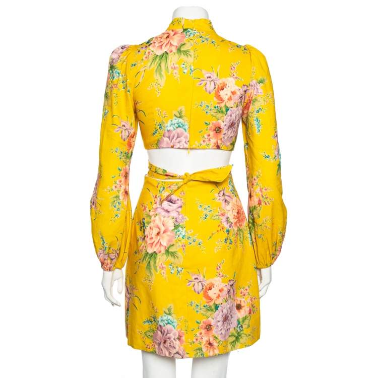 Pre Owned Zimmermann Yellow Floral Printed Linen Belted Cut-Out Mini Dress S 