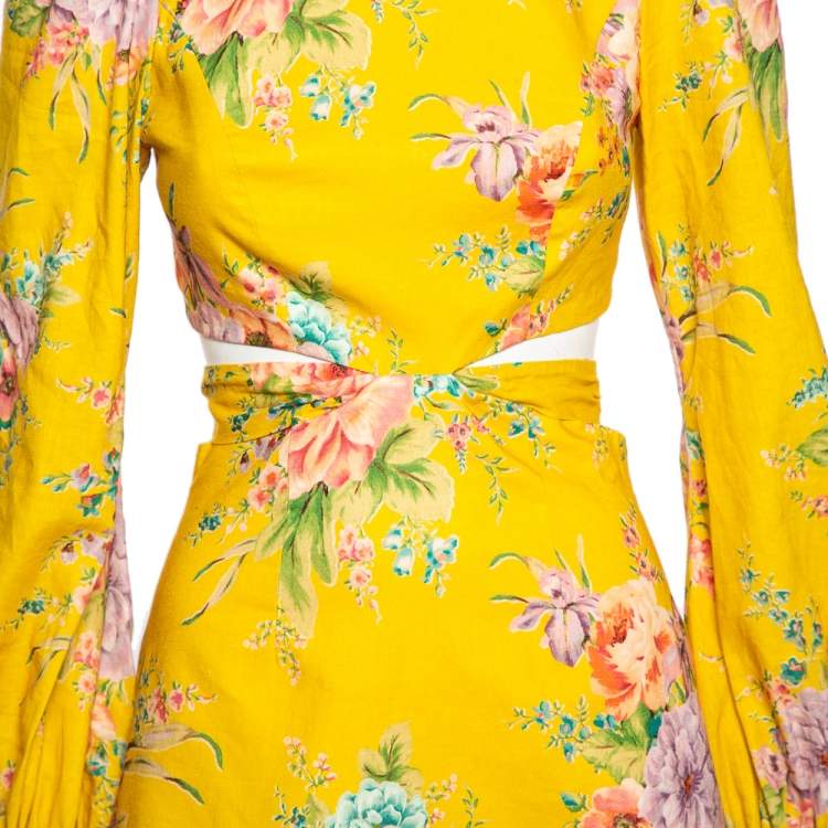 Pre Owned Zimmermann Yellow Floral Printed Linen Belted Cut-Out Mini Dress S 