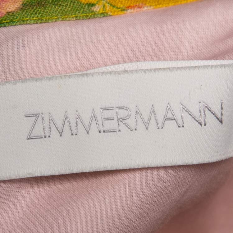 Pre Owned Zimmermann Yellow Floral Printed Linen Belted Cut-Out Mini Dress S 