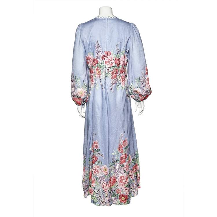 Pre Owned Zimmermann Blue Floral Printed Linen Bellitude Maxi Dress M