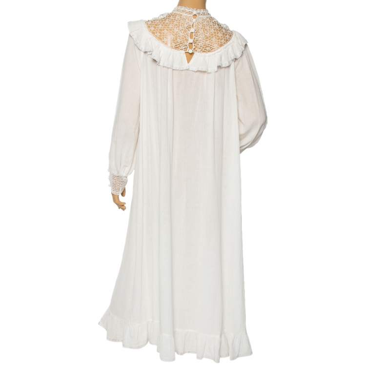Pre Owned Zimmermann White Cotton & Lace Detailed Ruffled Trimmed Midi Dress M