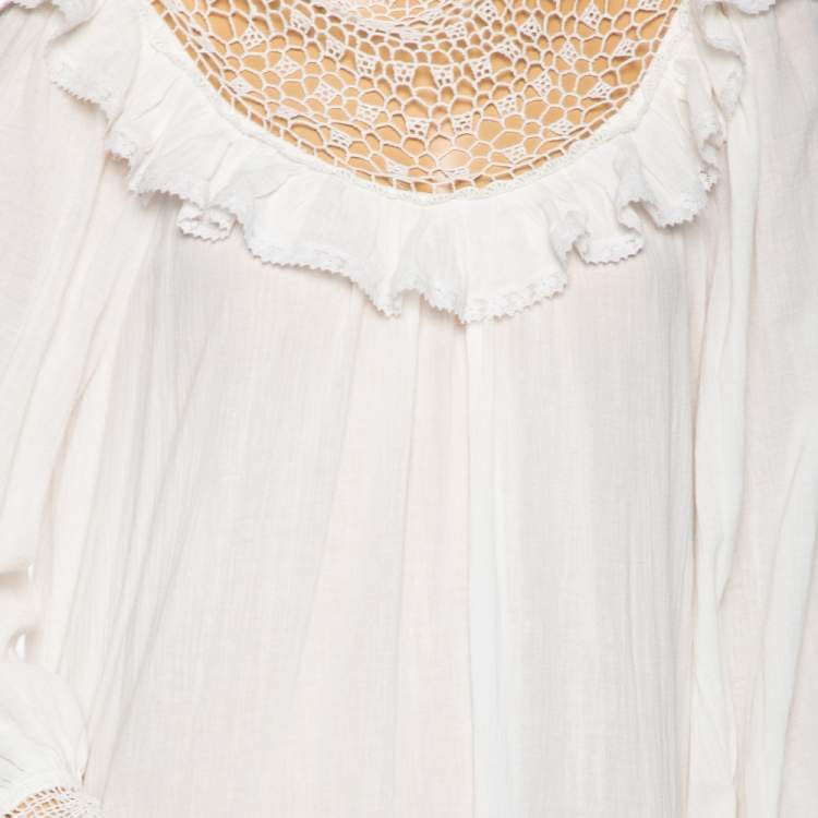 Pre Owned Zimmermann White Cotton & Lace Detailed Ruffled Trimmed Midi Dress M