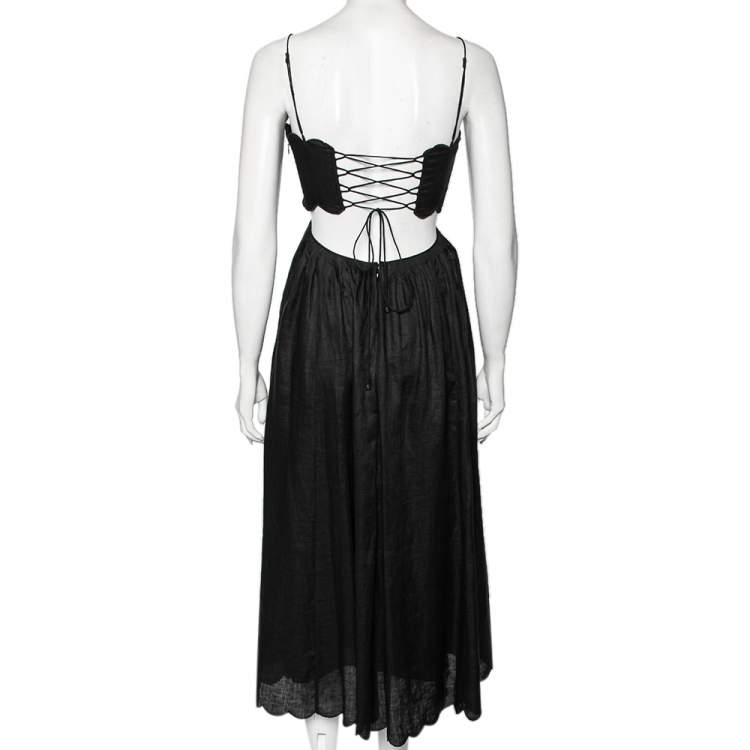 Pre Owned Zimmermann Black Linen Lace-Up Detail Aliane Midi Dress S 