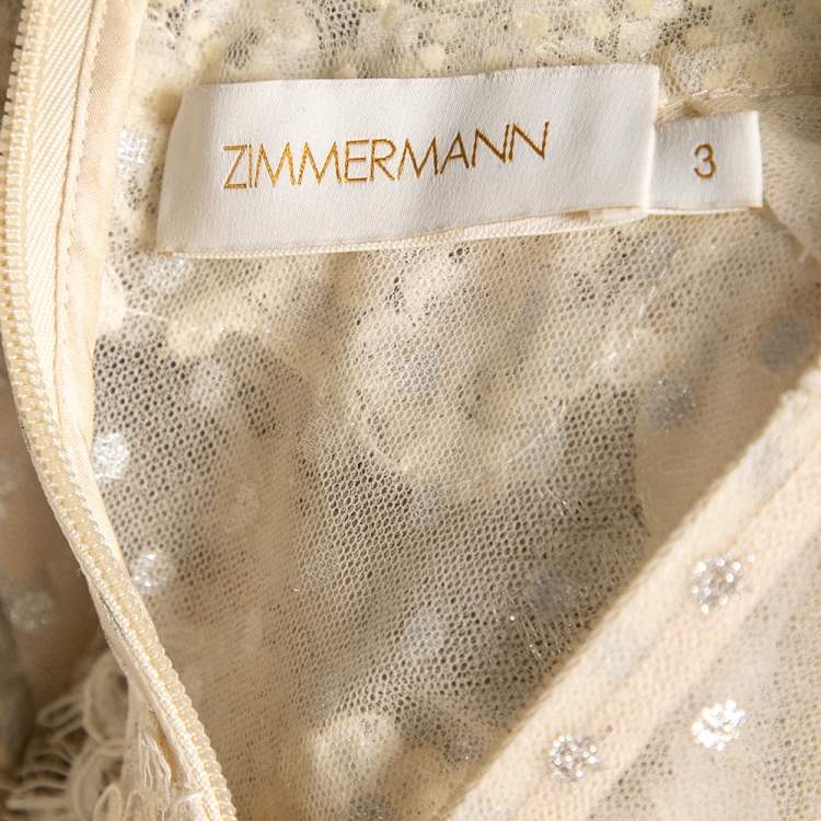 Pre Owned Zimmermann Cream Swiss Dot Sabotage Lurex Lace Ruffled Batwing Dress L