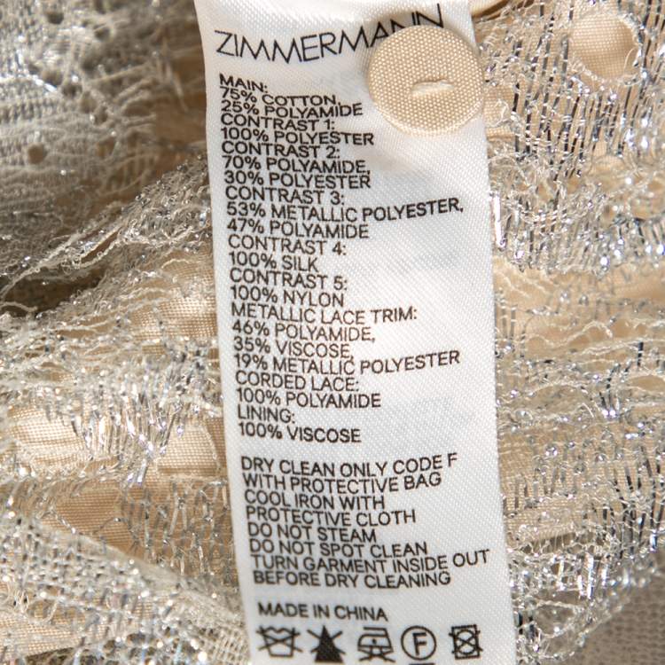 Pre Owned Zimmermann Cream Swiss Dot Sabotage Lurex Lace Ruffled Batwing Dress L