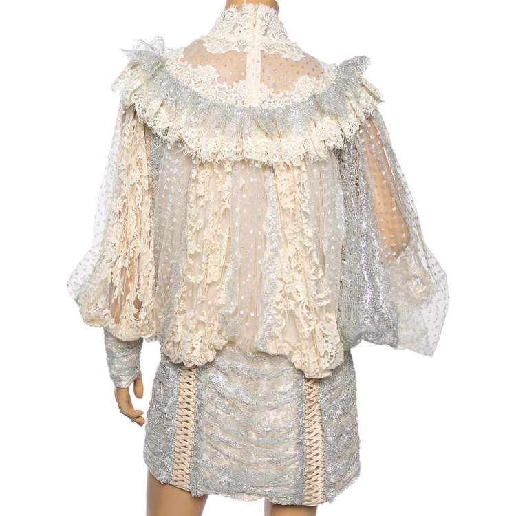 Pre Owned Zimmermann Cream Swiss Dot Sabotage Lurex Lace Ruffled Batwing Dress L