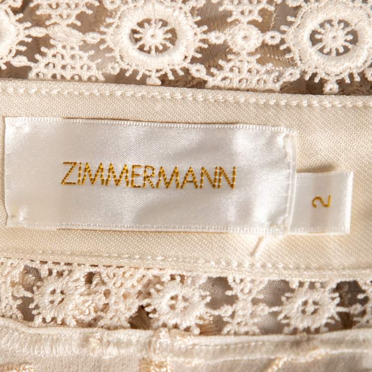 Pre Owned Zimmermann Cream Silk Organza & Crochet Trimmed Belted Kaftan Dress M