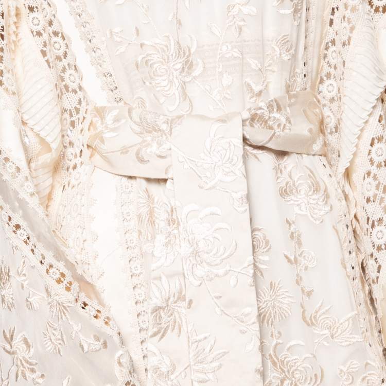 Pre Owned Zimmermann Cream Silk Organza & Crochet Trimmed Belted Kaftan Dress M